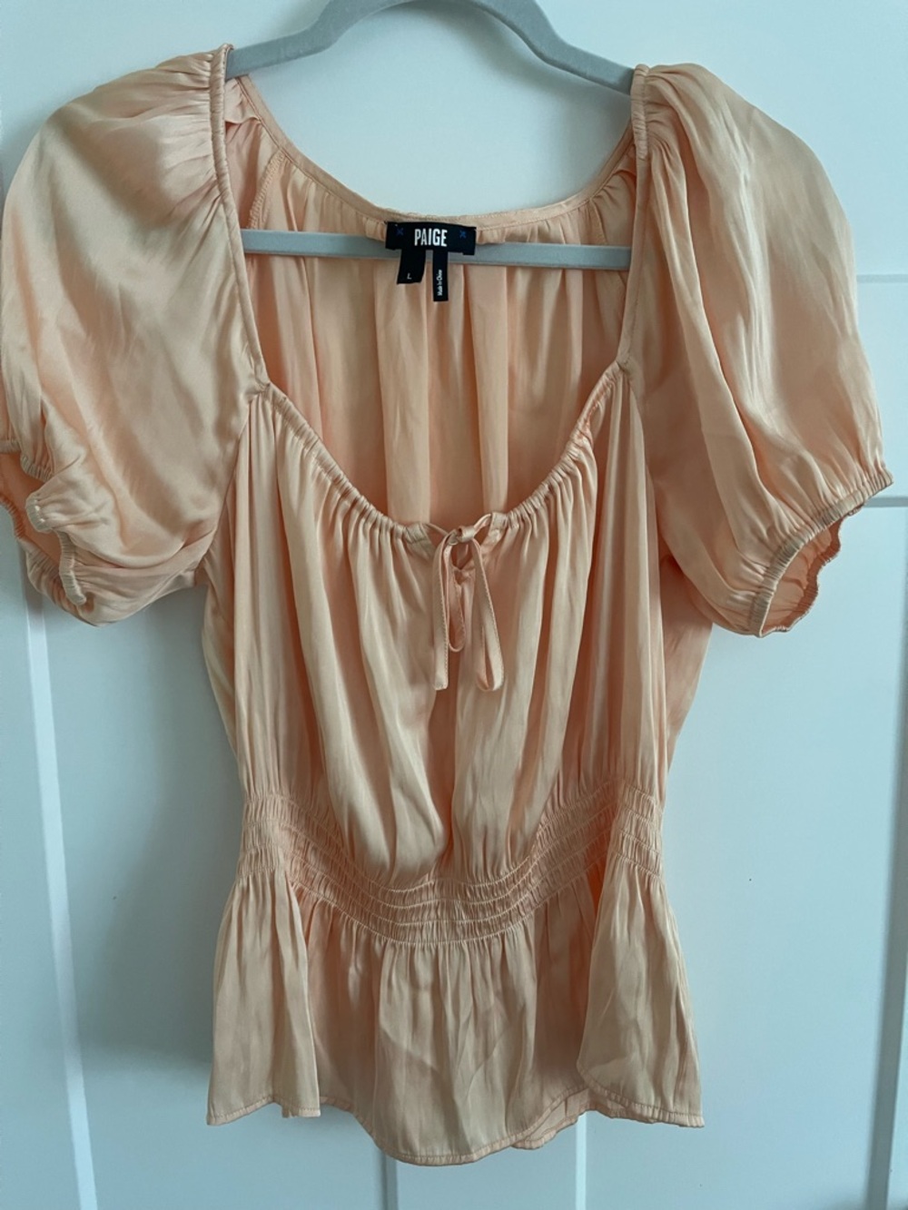 PAIGE Peach Satin Scoop-Neck Peasant Top
